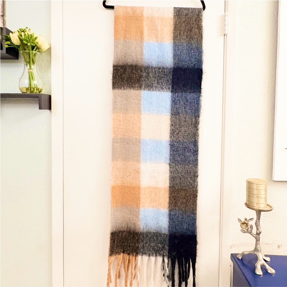 ERICA SHAMROCK Oversized Cozy Plaid Fringe Scarf in Blue, Orange & Gray One Size